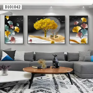 Top vente décor à la maison de luxe arbre doré 3D mur Art impression cristal porcelaine verre peinture avec cadre en aluminium doré