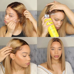 Perruque courte <span class=keywords><strong>bob</strong></span> HD Lace Front en cheveux humains colorés, <span class=keywords><strong>m</strong></span>èches ombrées brun miel blond, 4/27 - Product Image 4