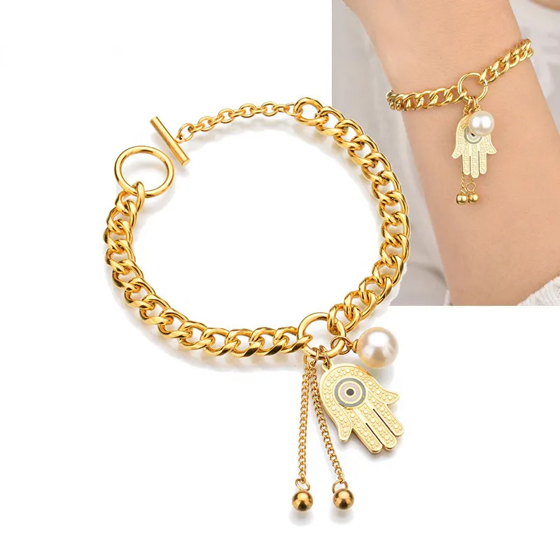 Simple 14k Gold Plated Eye Pendant Jewelry Bracelet Jewelry Fatima Hamsa Hand Stainless Steel Bracelet Charms
