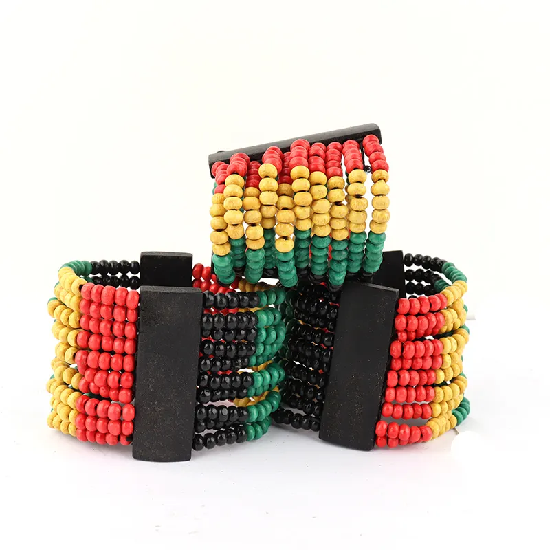 Braccialetti con perline in legno multistrato Rasta