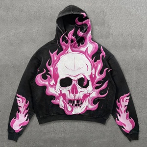 Custom Streetwear Skeleton Fire Print Vintage Washed Men's Hoodies Sweatshirts High Quality <b>Gothic</b> Oversized Pullover Hoodie - Product Image 1