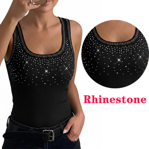 Débardeur côtelé à strass pour <span class=keywords><strong>femme</strong></span>, col rond, coupe ajustée, sans manches, idéal pour l'été, vente en gros, en stock - Product Image 1