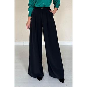 Pantalon large à taille haute noir en tissu crêpe respirant pour femmes - Product Image 3
