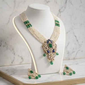 Luxury 925 Silver Beaded <b>Necklace</b> Set with Emerald Cut Stones and Seawater Pearls for Women Flower Pattern Strand - Product Image 1