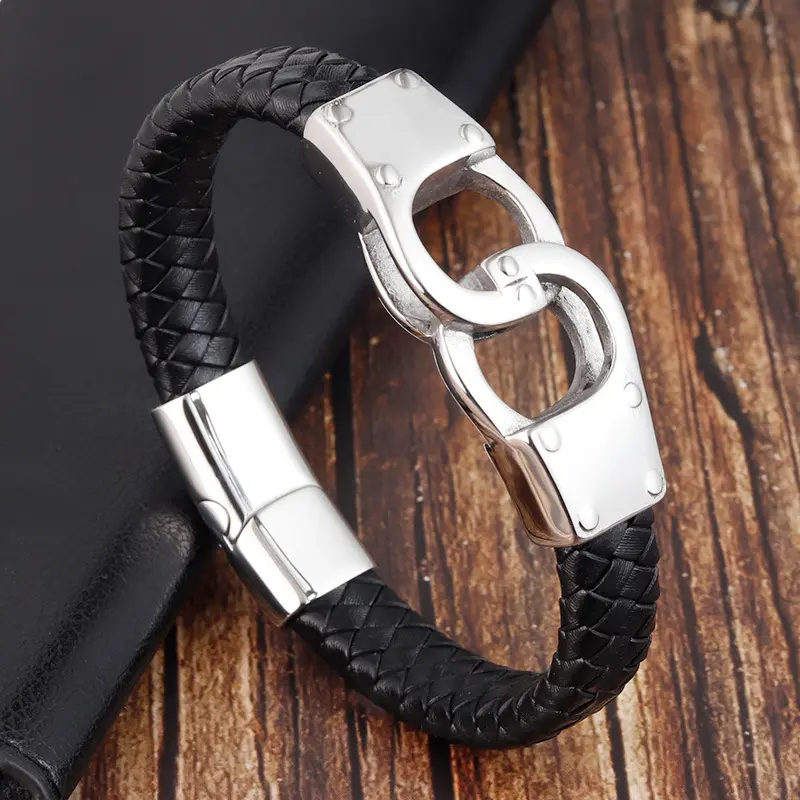 High Quality Charm Metal Handcuff Wrist Band Stainless Steel Magnetic Buckle Handmade Braided Genuine Leather Bracelet For Men