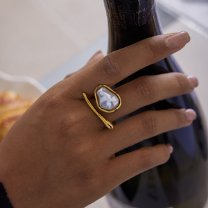 Pearl <b>Ring</b> 18K Gold Stainless Steel Baroque Style Asymmetrical <b>Open</b> Design Unisex Everyday Wear - Product Image 3