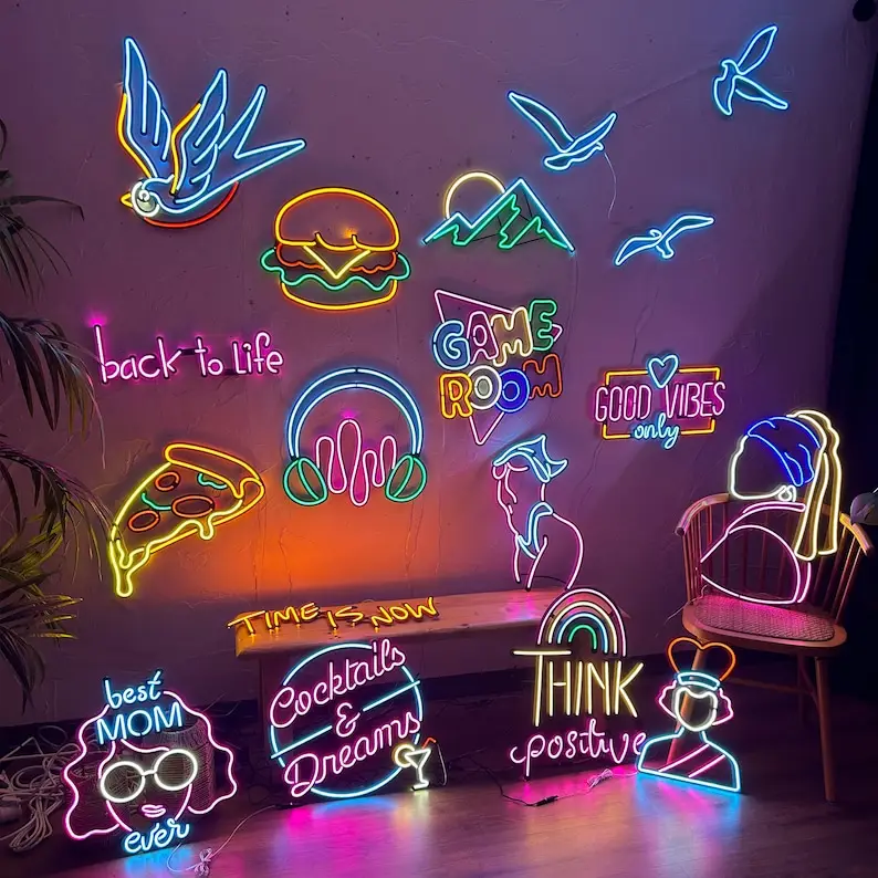 Sinal de néon personalizado com desenho grátis, arte de parede com logotipo personalizado, luz de néon com impressão UV, arte pop