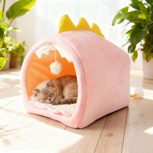 Cartoon Dinosaur Cat House Oval Shape Soft Pet Bed For Cats All Seasons Washable <b>Hand</b> <b>Wash</b> Polyester Fiber Filled - Product Image 1