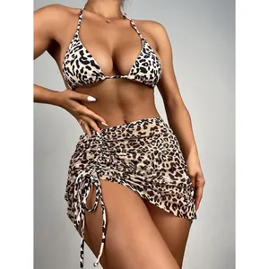 Roupa de banho feminina de estampa de leopardo, triangular, roupa de praia sexi, etiqueta privada, cobertura de biquíni