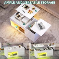 Table basse moderne grande et convertible, style nordique, en panneaux de bois blancs, avec éclairage LED, plateau relevable et rangement dissimulé pour salon