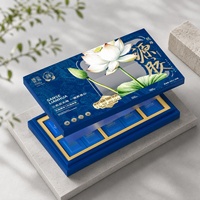 Boîte cadeau personnalisée bleue de style chinois avec peinture de lotus et feuille d'or, base rigide et couvercle, pour emballage de noix, idéale pour les produits de collagène ou comme cadeau.