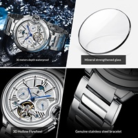 Montre automatique mécanique pour homme POEDAGAR 1413, acier inoxydable, étanche, lumineuse, phase de lune, multifonction, vente flash