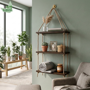 Étagère murale suspendue en <span class=keywords><strong>corde</strong></span> de bambou naturel à 3 niveaux, style rustique, <span class=keywords><strong>bois</strong></span> foncé, pour salon et salle de bain - Product Image 3