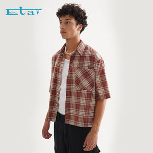 Maßgeschneiderte Flanellhemden vom Hersteller, 100% Baumwolle, Kurzärmlig, Bauchfrei, Kastenförmig, Kariert, Button-Up-Hemd für Herren - Product Image 2