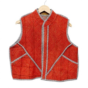 Chaleco Rojo de Algodón para Mujer, Ecológico, Transpirable, Estilo Vintage, Cuello en V, Diseño de Parches, Prenda Exterior Informal - Product Image 1