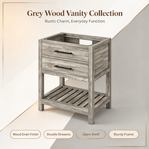 Farmhouse Wood <b>Bathroom</b> Vanity Two Drawers Open Slatted Shelf Ceramic Mirror Included <b>Floor</b> Standing Rectangular <b>Cabinet</b> Light - Product Image 3