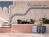 Mobilier de magasin de bonbons pastel sur mesure avec façade ondulée, sol en terrazzo et design intérieur complet du magasin