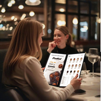 Sampul Menu Restoran dengan Sistem Buka Samping, Jahitan Ganda, Kantung Menu Transparan dari Vinyl, dan Sudut Dekoratif Emas
