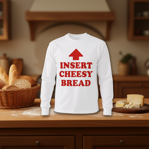 Maglietta a maniche lunghe girocollo in cotone unisex per adulti con stampa 'Cheesy Bread', abbigliamento promozionale - Product Image 2