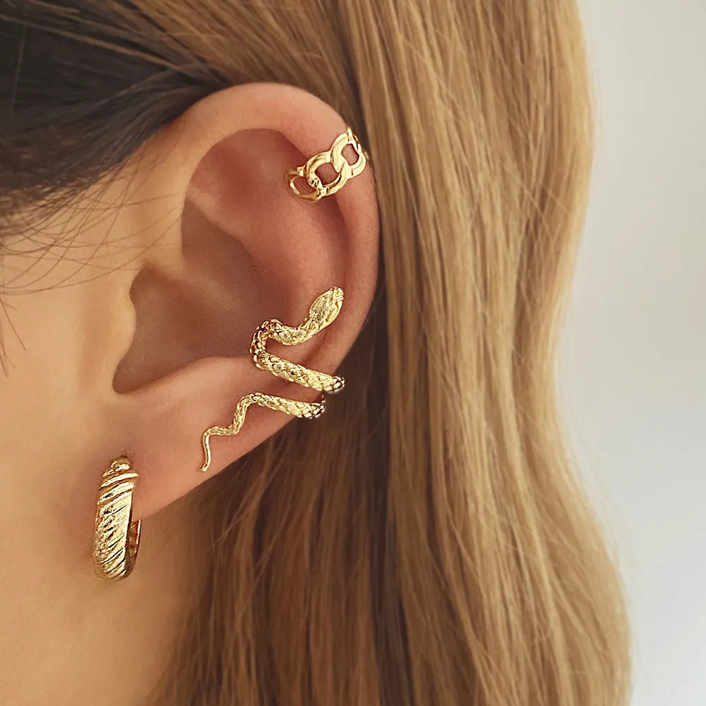 VKME Wholesale New Vintage Fashion Gold Plated Huggie Snake Stud Hoop Earring Ear Cuff Set For Women Girls jewelry