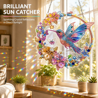 Kit de loisirs créatifs attrape-soleil en diamant DIY, motif colibri et couronne de fleurs, pour décoration de fenêtre et de maison, cadeau artisanal