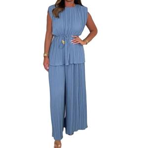 Femmes col rond couleur unie haut sans manches <span class=keywords><strong>pantalon</strong></span> droit plissé décontracté 2 pièces ensemble Sehe mode - Product Image 4