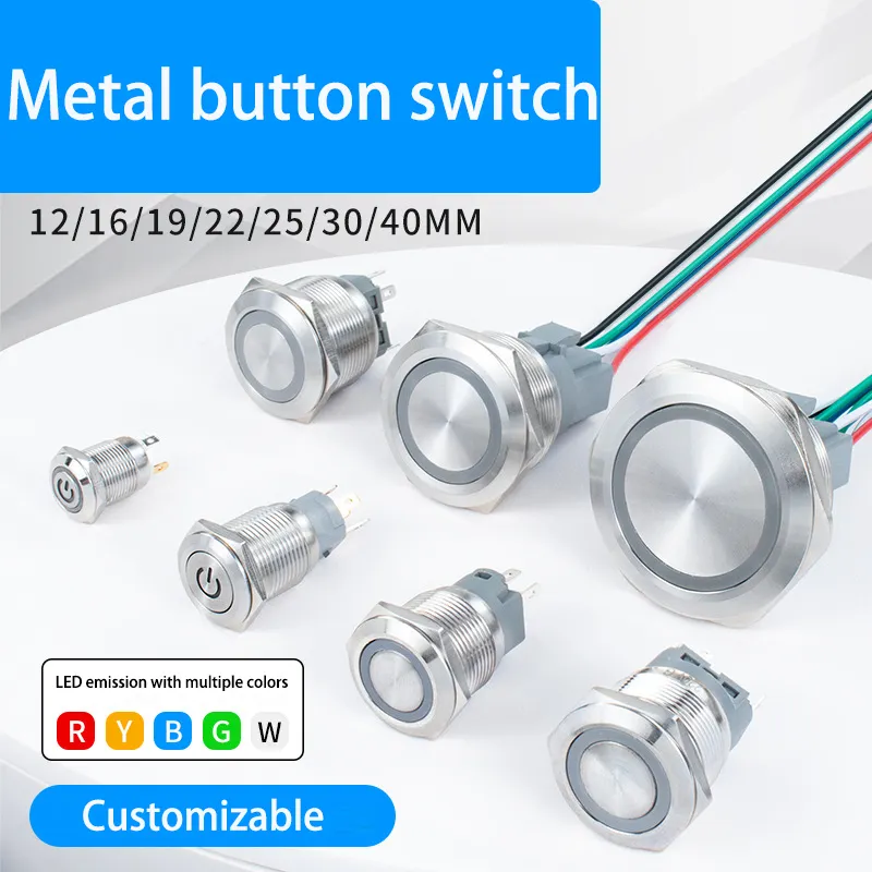 Best Selling 12E/16B/19E/22C High Current Series Metal Button Switch Red Green Blue LED Customized Waterproof IP67