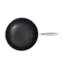 Wok antiadhésif double face alvéolé de 32 cm avec poignée en bois, fond en fonte, couvercle en verre, poêle en acier inoxydable, compatible lave-vaisselle