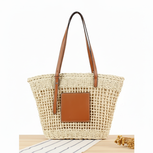 กระเป๋าหวายสานทรงกลมสีรุ้ง น่ารักและทันสมัย กระเป๋าโท้ทผู้หญิงผ้าฝ้ายถัก กระเป๋าถือสานสำหรับไปทะเล - Product Image 1