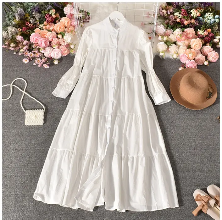 DD958 New Korean fashion Solid Color Stand Collar Patchwork Long Sleeve Dress Women Casual Puff Sleeve Dresses Clothing 4