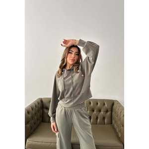 Conjunto de Sudadera con Capucha Gris y Pantalones Cargo para Mujer, Manga Larga, Tela de Felpa, Informal, Transpirable, Estilo Jogger - Product Image 5