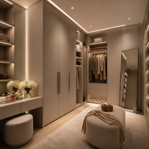 Dressing avec rangements intégrés, tiroirs, zone de suspension ouverte et meuble de toilette sur mesure pour projets de chambre à coucher - Product Image 1