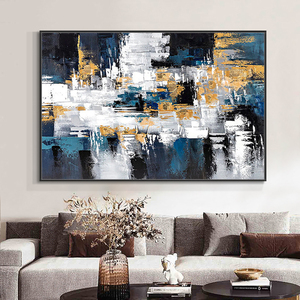 Dipinti ad olio grigio blu dorato su tela dipinti a mano di arte astratta decorazione moderna dell'hotel retrò nostalgico - Product Image 1
