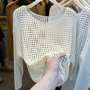Nouveau haut décontracté pour <span class=keywords><strong>femme</strong></span>, style européen, en maille fine, protection solaire, manches longues, tricoté ajouré, pour l'été - Product Image 3