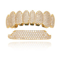 Dua Baris Grill Gigi Hip Hop Bling 5A Cubic Zircon Delapan Gigi untuk Perhiasan Fashion Pesta Pria