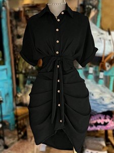 <span class=keywords><strong>Robe</strong></span> <span class=keywords><strong>chemise</strong></span> décontractée d'été pour femme, élégante et unie, à col montant et taille naturelle, à manches courtes, vente en gros - Product Image 4