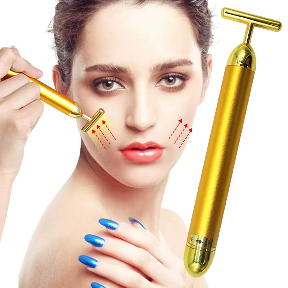 24k Gold Energy Beauty Bar Vibrating Facial Lifting Skin Care T Shape Electric 3D Face Roller Massage