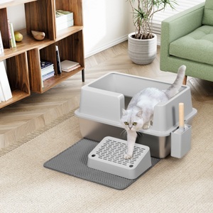 Estructura semicerrada Diseño de acero inoxidable Característica antisalpicaduras Superficie fácil de limpiar Caja de arena duradera para gatos - Product Image 6
