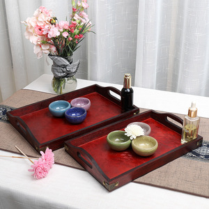 Rectangular Wooden Serving <b>Tray</b> Red Color For <b>Tea</b> Coffee Hotel Use With Handles Storage Plate - Product Image 1
