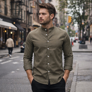 Camicia da <span class=keywords><strong>Uomo</strong></span> <span class=keywords><strong>in</strong></span> <span class=keywords><strong>Lino</strong></span> Verde Oliva Premium Traspirante con Colletto alla Coreana e Ricamo Personalizzato a Maniche Lunghe - <span class=keywords><strong>Abbigliamento</strong></span> Casual da <span class=keywords><strong>Uomo</strong></span> - Product Image 1