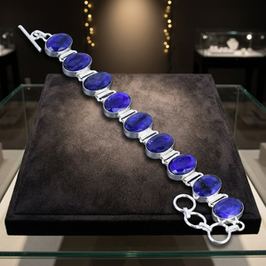 Pulsera de boda con cadena y eslabones chapados en plata con perlas de agua dulce étnicas y zafiro (simulado) de Burmise, tamaño 7-8 - Product Image 3