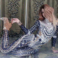 Combinaison de danse élégante avec strass scintillants pour femmes, tenue à manches longues en Spandex, pour discothèque, Bar, chanteur, spectacle de scène, costume de fête