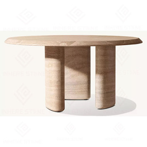 Mesa de Comedor Redonda de Mármol Travertino con <span class=keywords><strong>3</strong></span> Patas Sólidas, Diseño Moderno y Lujoso que Ofrece Resistencia, Estilo y Elegancia Natural - Product Image 3