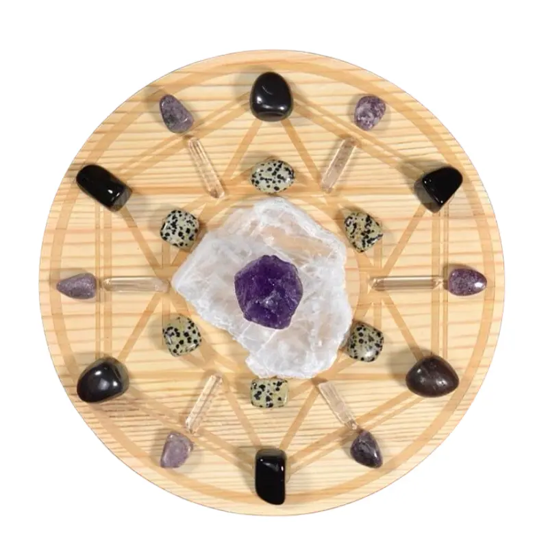 Natural Sleeping Crystal Grid Crystal Matrix Placa De Madeira Transparente Gesso Ametista Decoração Para meditação