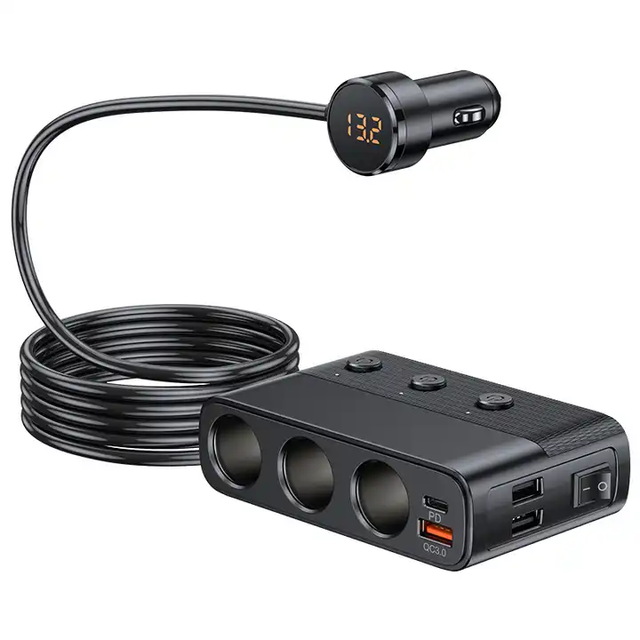 12V/24V 128W Car Charger Splitter PD30w QC3.0 Adapter Car Lighter Cigarette Socket Splitter with Switch