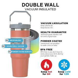Custom Logo Reusable Double Wall <b>Insulated</b> Cup 20oz 30 Oz Vacuum <b>Insulated</b> <b>Tumblers</b> <b>With</b> Flip <b>Straw</b> And Top Handle - Product Image 3