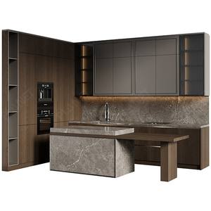 Gabinete de Cocina de Madera Maciza Profesional de Venta Caliente en China, Hermoso Gabinete de Cocina con Chapa de Madera de Roble <span class=keywords><strong>y</strong></span> Piedra Artificial Blanca - Product Image 1