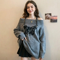 Pull en tricot à épaules dénudées avec bretelles à boucles et imprimé vieilli |   Pull oversize Y2K pour femme, haut confortable style automne et hiver