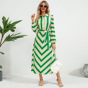 <span class=keywords><strong>Camicia</strong></span> di alta qualità a righe colorate con motivo a maniche lunghe con <span class=keywords><strong>colletto</strong></span> ribollito abito <span class=keywords><strong>Maxi</strong></span> Casual con lacci - Product Image 4