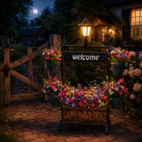 Panneau de bienvenue lumineux solaire avec support pour plantes et quatre pots de fleurs, panier carré en coco, en fer thermolaqué, pour la décoration d'entrée de jardin